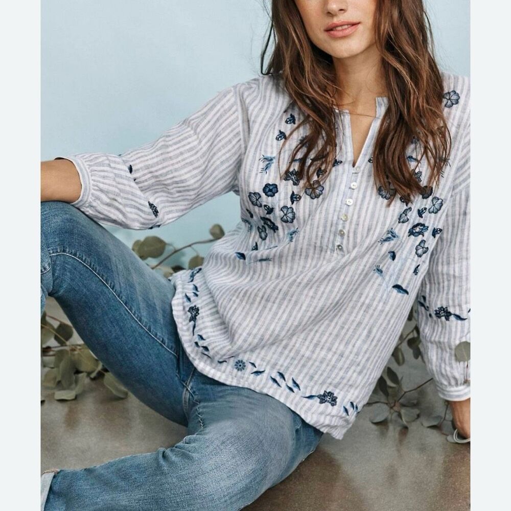 J. Jill 100% linen embroidered floral striped popover shirt top size M blue - Picture 2 of 8